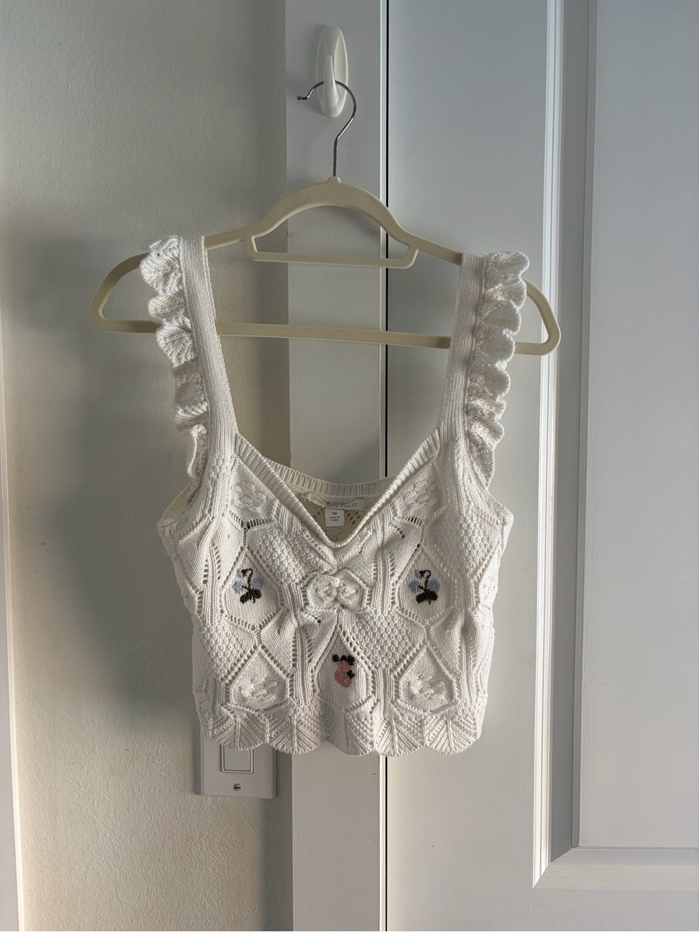 Chelsea & Violet White Crochet Crop Camisole with Ruffled Straps